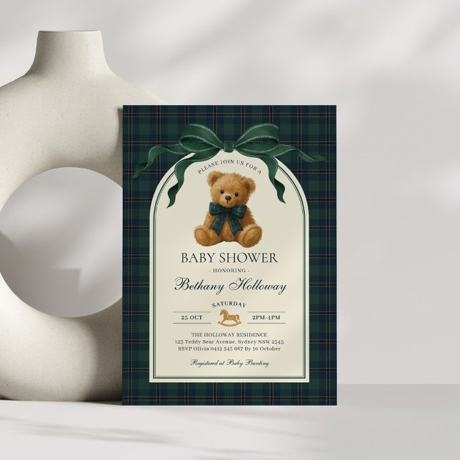 Invitation Green Navy Plaid Polo Teddy Bear Baby Shower (Créateur téléchargé)