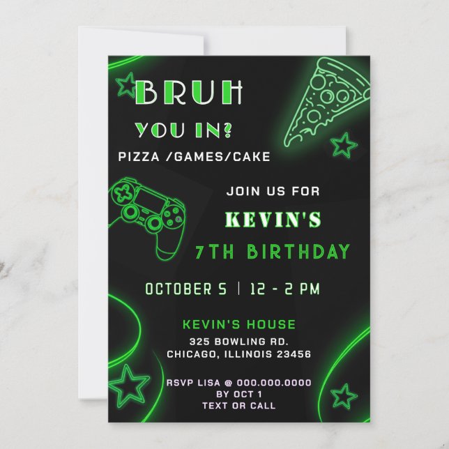 Invitation Green Neon Glow Pizza Jeux Bruh Anniversaire (Devant)