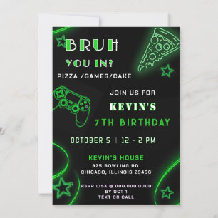 Invitation Green Neon Glow Pizza Jeux Bruh Anniversaire