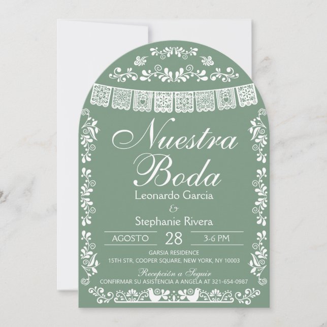 Invitation Green Nuestra Boda Papel Picado Spanish Wedding (Devant)