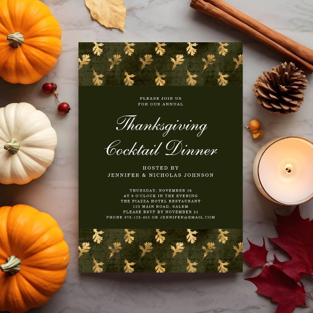 Invitation Green Oak Gold Leaf Thanksgiving Cocktail Party (Green Oak Gold Leaf Thanksgiving Cocktail Party Invitation)