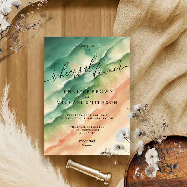 Invitation Green Ocean Beach Summer Watercolor Dîner Mariage (Créateur téléchargé)