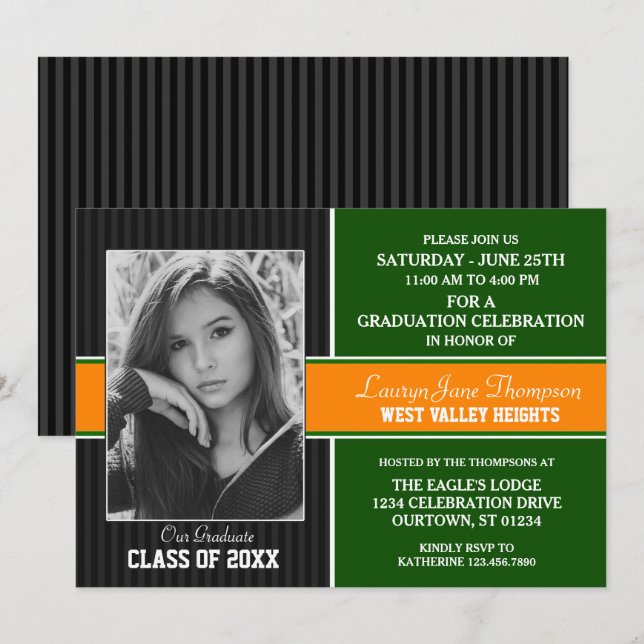 Invitation Green|Orange Photo Graduation Party (Devant / Derrière)