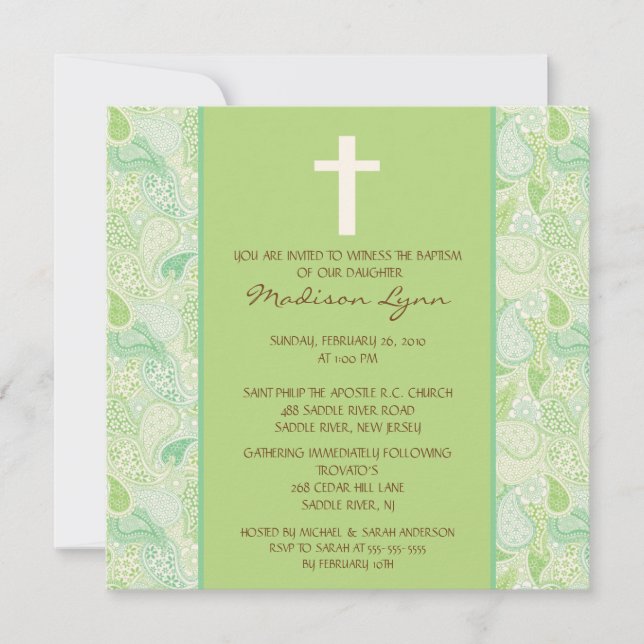 Invitation Green PAISLEY Baby Girl Baptism Inviation (Devant)