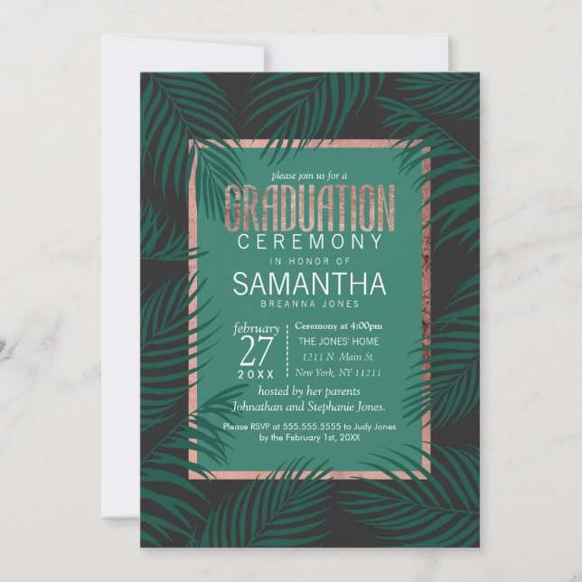 Invitation Green Palm Tree Feuille Black Rose Gold Graduation (Devant)