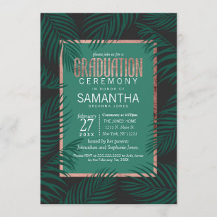 Invitation Green Palm Tree Feuille Black Rose Gold Graduation