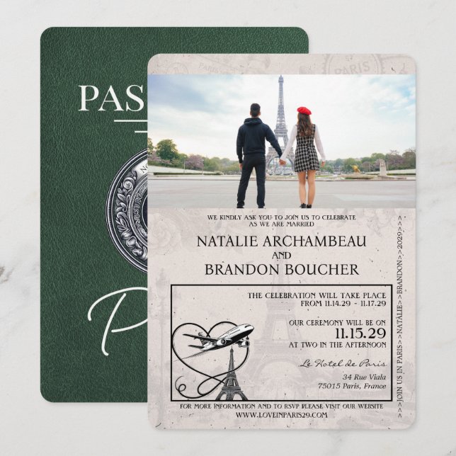 Invitation Green Paris Passport Mariage (Devant / Derrière)