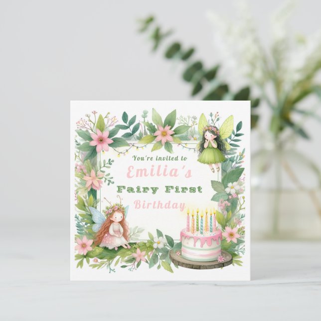 Invitation Green Pastel Fairy Premier anniversaire - (Debout devant)