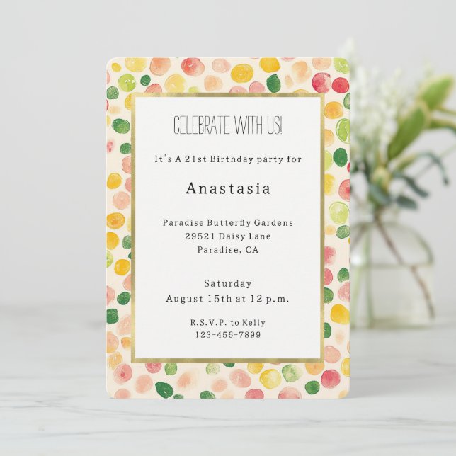 Invitation Green Peach Rose Red Yellow Fruity Birthday (Debout devant)