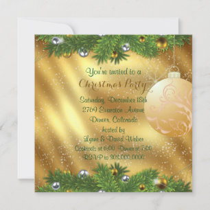 Invitation Green Pine Bough Gold Christmas