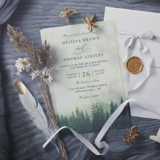 Invitation Green Pine Forest Rustic Budget QR Code Wedding
