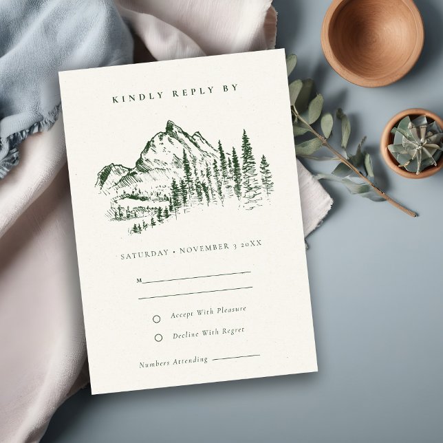 Invitation Green Pine Woods Mountain Sketch Wedding RSVP (Créateur téléchargé)