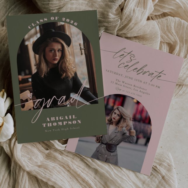 Invitation Green & Pink Arch Photo Script Graduation (Créateur téléchargé)