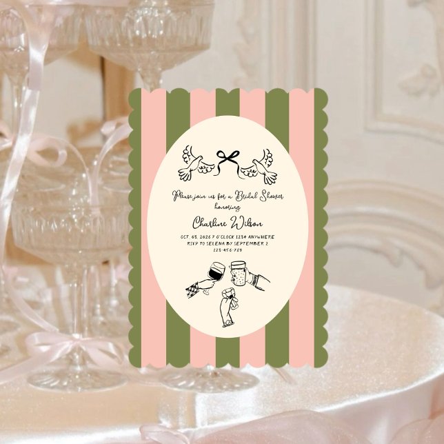 Invitation Green Pink Striped Cute illustrated Bridal Shower (Créateur téléchargé)