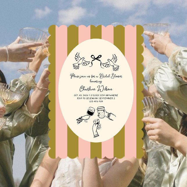 Invitation Green Pink Striped Cute illustrated Bridal Shower (Créateur téléchargé)