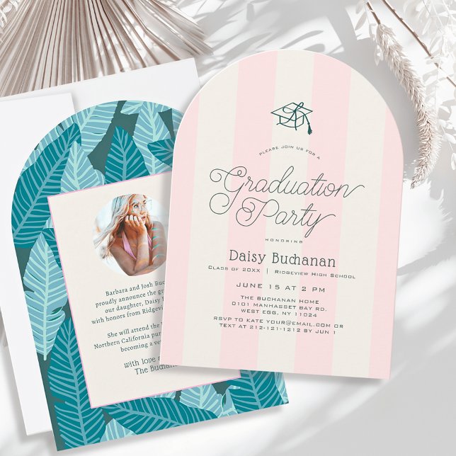 Invitation Green & Pink Stripes Palms Graduation Party Photo (Créateur téléchargé)