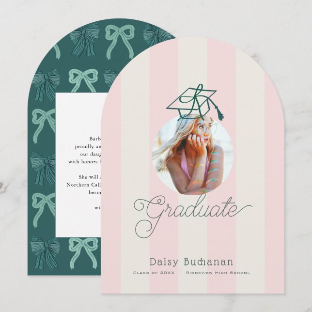 Invitation Green Pink Stripes Photo Graduation Announcement (Devant / Derrière)