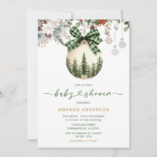 Invitation Green Plaid Bow Floral Winter Ornament Baby Shower (Devant)