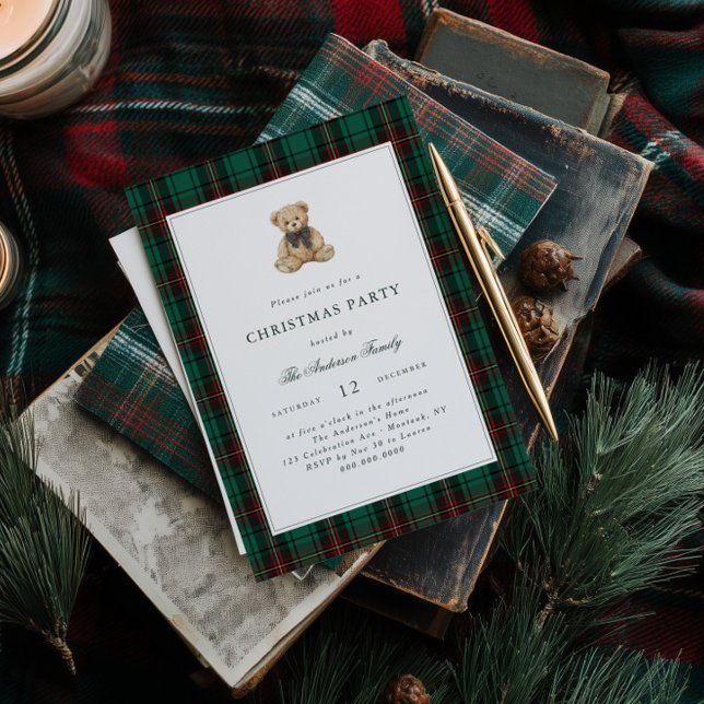 Invitation Green Plaid Teddy Bear Christmas Party (Créateur téléchargé)