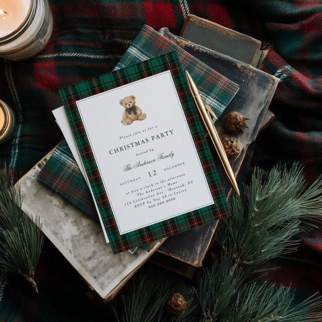 Invitation Green Plaid Teddy Bear Christmas Party (Créateur téléchargé)