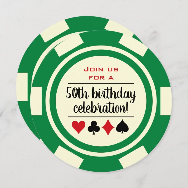 Invitation Green Poker Chip Casino Las Vegas Anniversaire (Devant / Derrière)