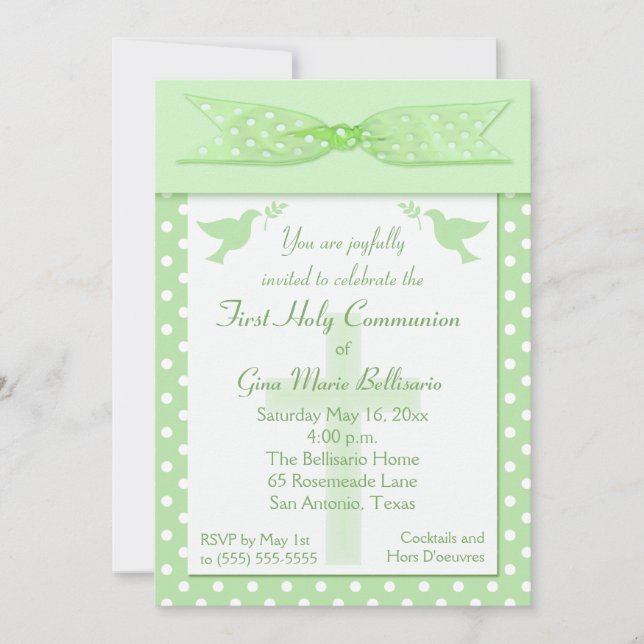 Invitation Green Polka Dot Première communion sainte Invitati (Devant)