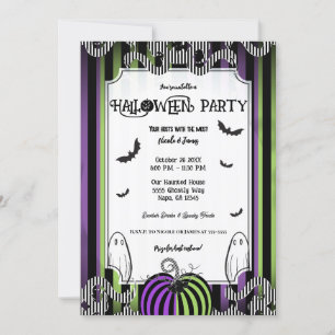 Invitation Green Purple & Black White Stripes Halloween Party