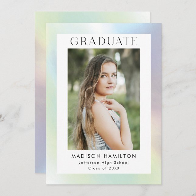 Invitation Green & Purple Holographic Photo Graduation Party (Devant / Derrière)