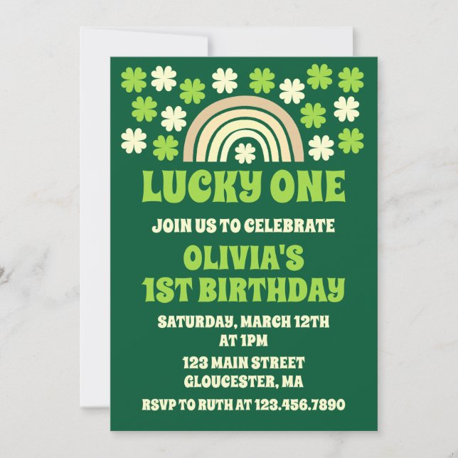 Invitation Green Rainbow Lucky One First Birday Party Photo (Devant)