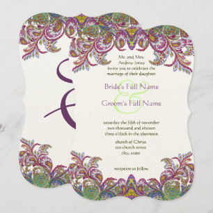 Invitation Green Raspberry Golden Yellow Blue Paisley Peacock
