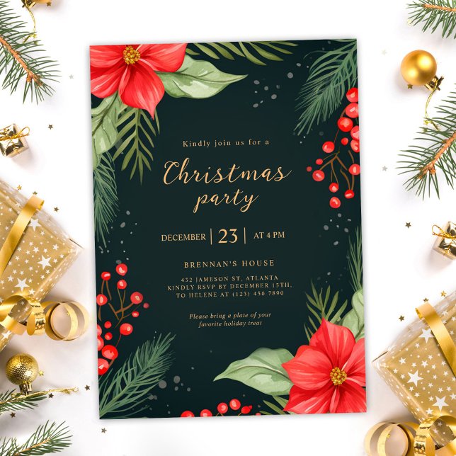 Invitation Green Red Fête de Noël (Green Red Greenery Holiday Christmas Party Invitation)