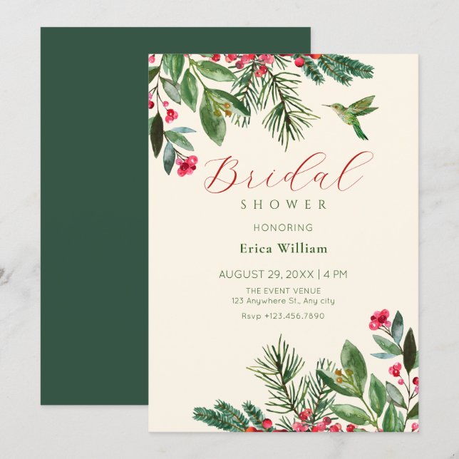 Invitation Green red floral bridal shower (Devant / Derrière)
