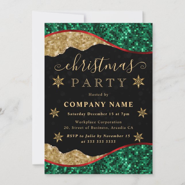 Invitation Green Red & Gold Snowflake Company Christmas Party (Devant)