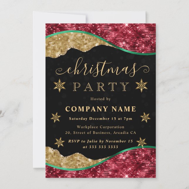 Invitation Green Red & Gold Snowflake Company Christmas Party (Devant)