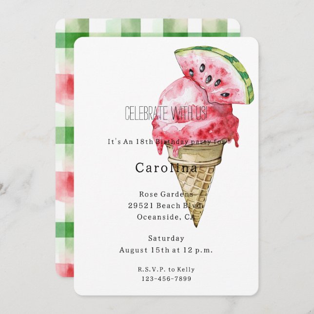 Invitation Green Red Watermelon Ice Cream Cone Birthday   (Devant / Derrière)