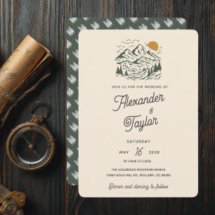 Invitation Green Retro Vintage Mountain Mariage paysager