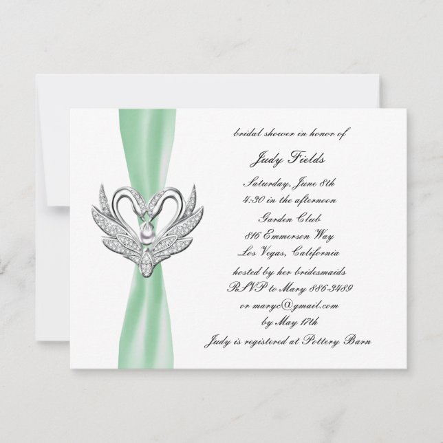 Invitation Green Ribbon Silver Swans nuptiale douche Invitati (Devant)