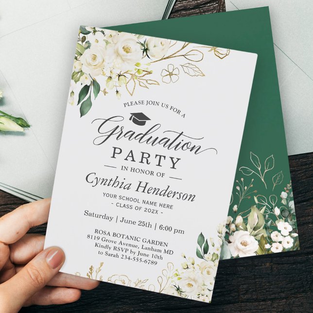 Invitation Green Rose blanche Floral Graduation Party (Créateur téléchargé)