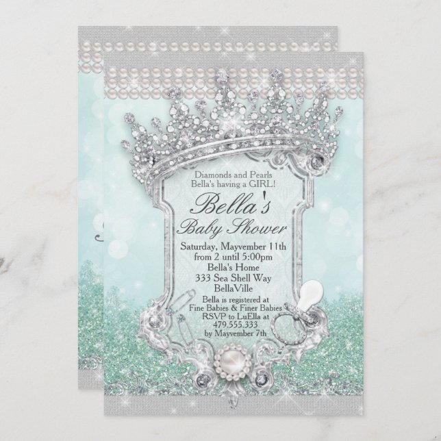 Invitation Green Royal Bling Parties scintillant Bébé Douche  (Devant / Derrière)