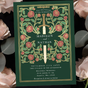 Invitation Green Royal Epée Floral Imaginaire médiéval Mariag