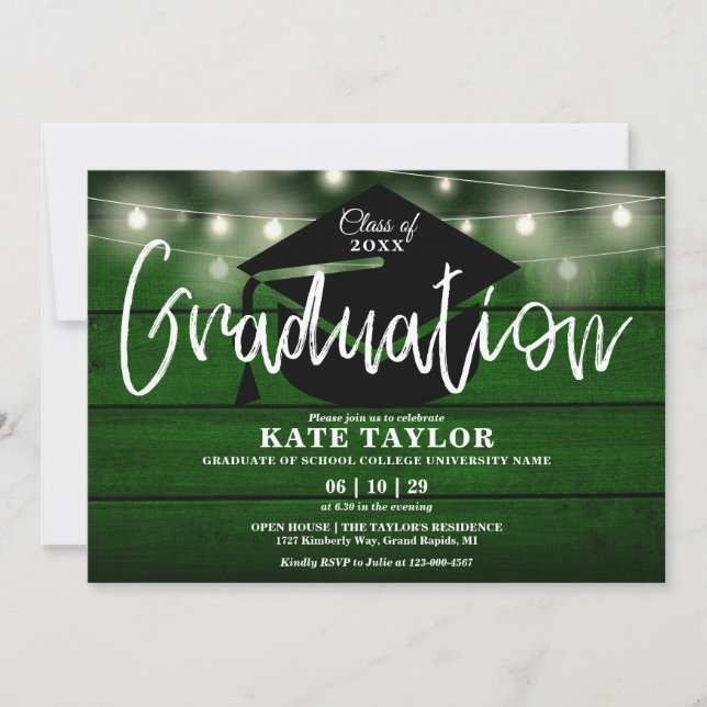 Invitation Green Rustic Bois Chaîne Lights Graduation Party (Devant)