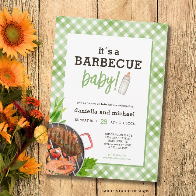 Invitation Green Rustic Gingham Barbecue Baby Shower (Front of the invitation is shown in 5x7-inch. Choose size, paper, and corner style.)