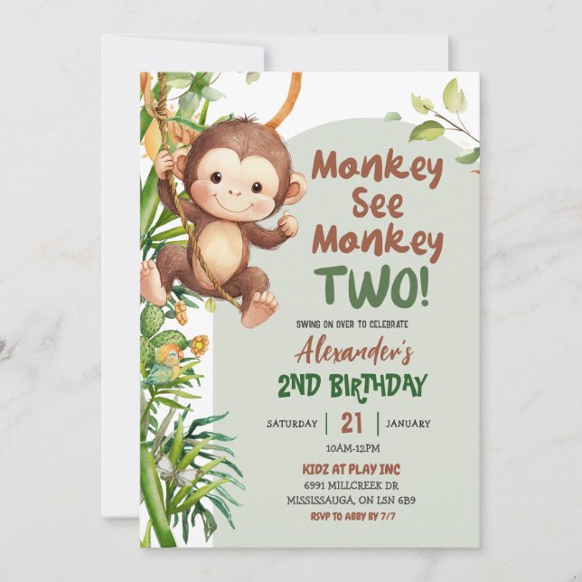Invitation Green Safari Monkey See Monkey Two 2nd Birthday (Devant)