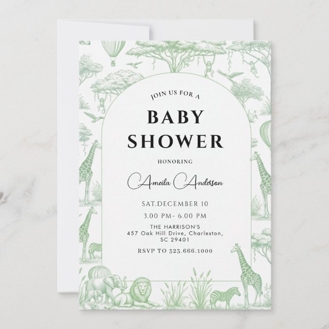 Invitation Green Safari Toile De Jouy Boy Baby Shower  (Devant)