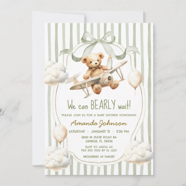 Invitation Green Sage We Can Bearly Wait Baby Shower  (Devant)
