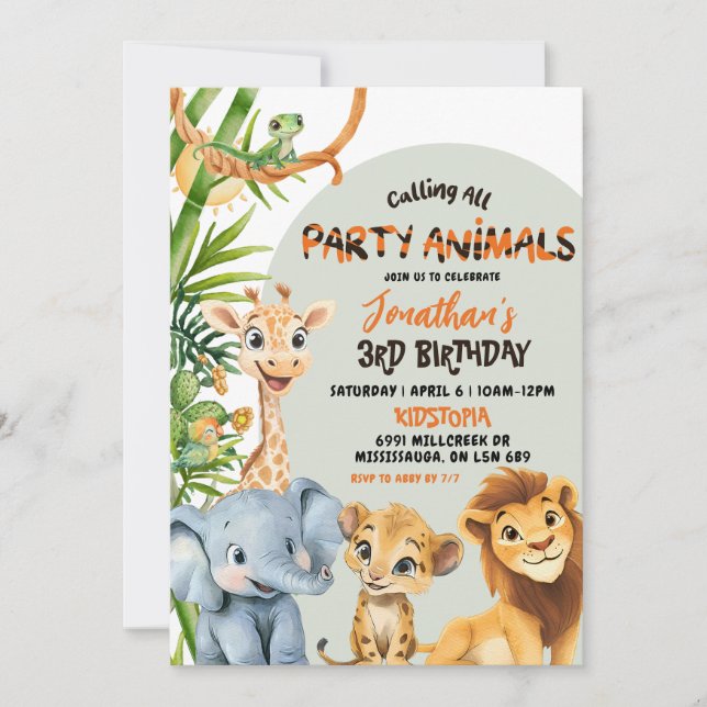 Invitation Green Savannah Calling All Party Animals Birthday (Devant)
