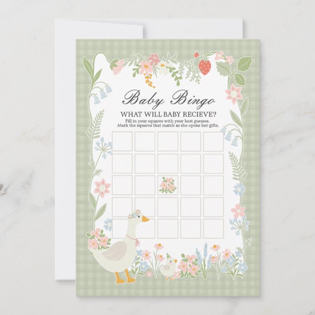 Invitation Green Silly Goose Floral En vichy Baby Bingo Jeu (Devant)