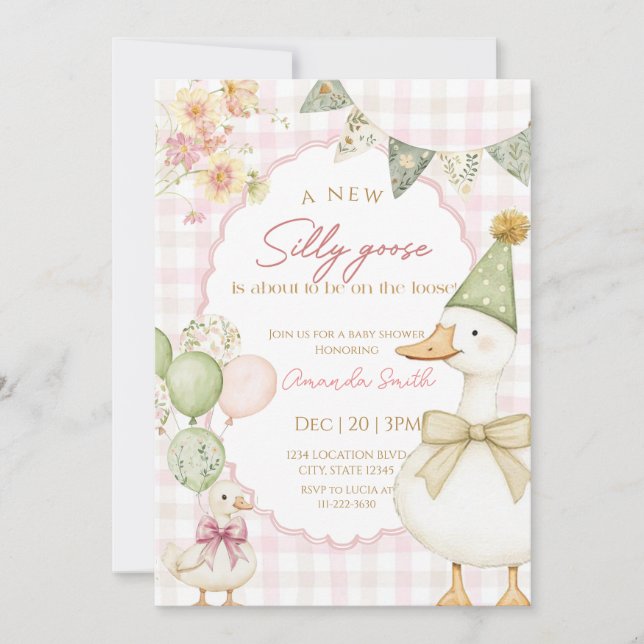 Invitation Green Silly Goose Pink Gingham Baby shower  (Devant)