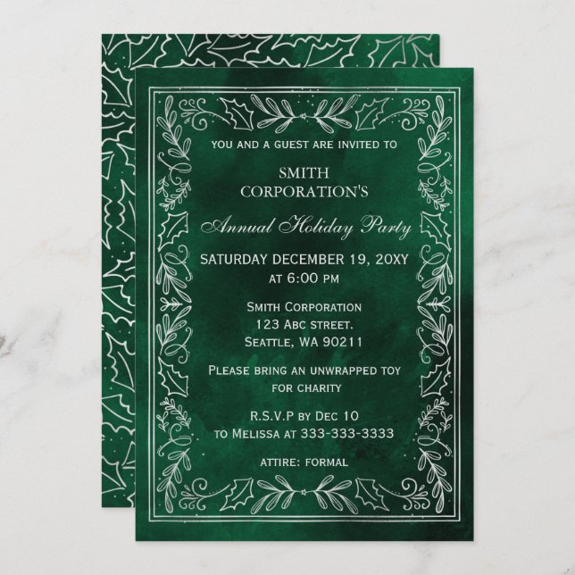 Invitation Green Silver Elegant Corporate Holiday Party (Devant / Derrière)