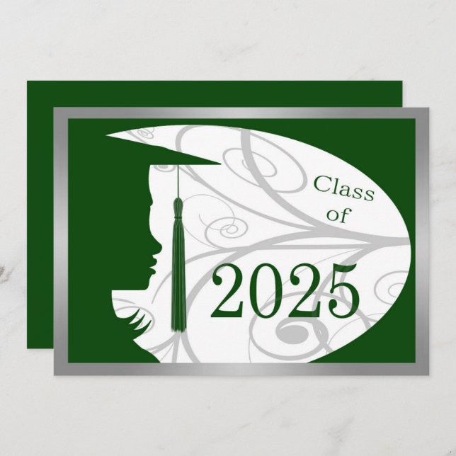 Invitation Green & Silver Silhouette 2025 Graduation Party (Devant / Derrière)